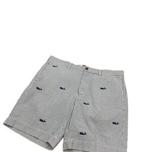 J. Crew White and Navy Striped Seersucker Shorts with Whale Embroidery